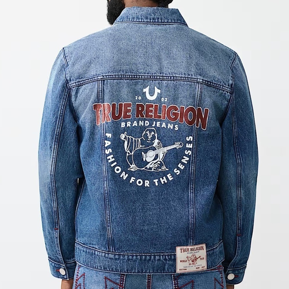 True Religion Denim Jean Trucker Jacket NWT Men's L Back Buddha Graphic 701131